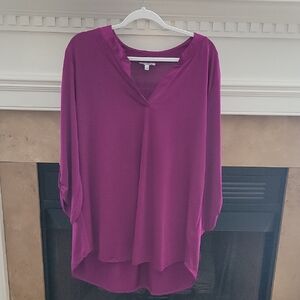 white birch Fuchsia V‑Neck Roll‑Tab Blouse